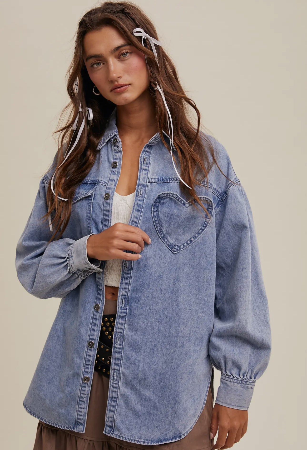 Heart Detail Oversized Denim Shirt
Light Denim