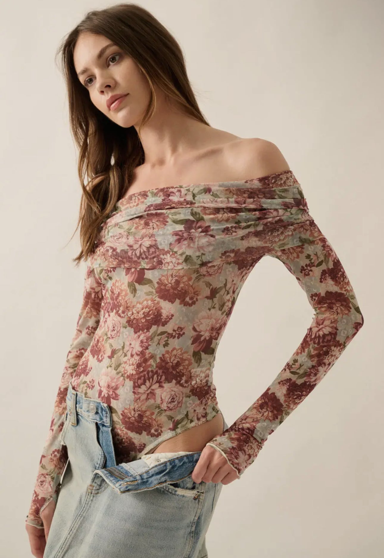 Floral Mesh Off-Shoulder Knit Body Suit