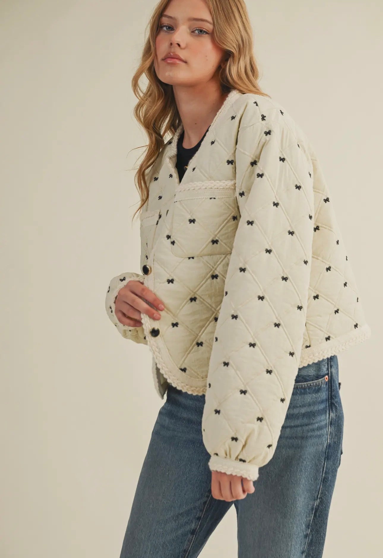 Bow Embroidered Quilted Puff
Jacket