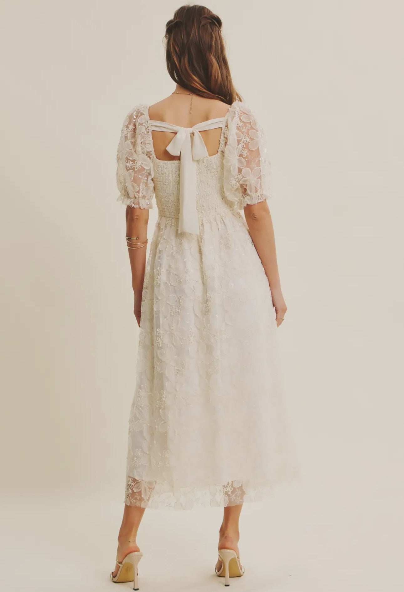 Magnolia Mae Romantic Textured Sheer Floral Sequin Midi Dress