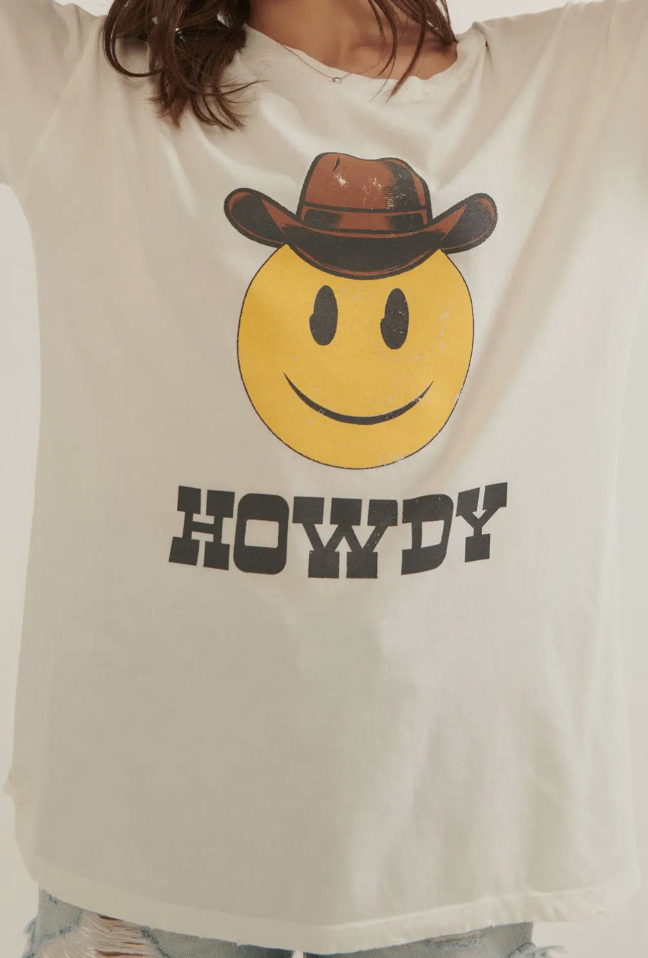 Howdy Smiley Face Oversized Distressed Western Graphic Tee