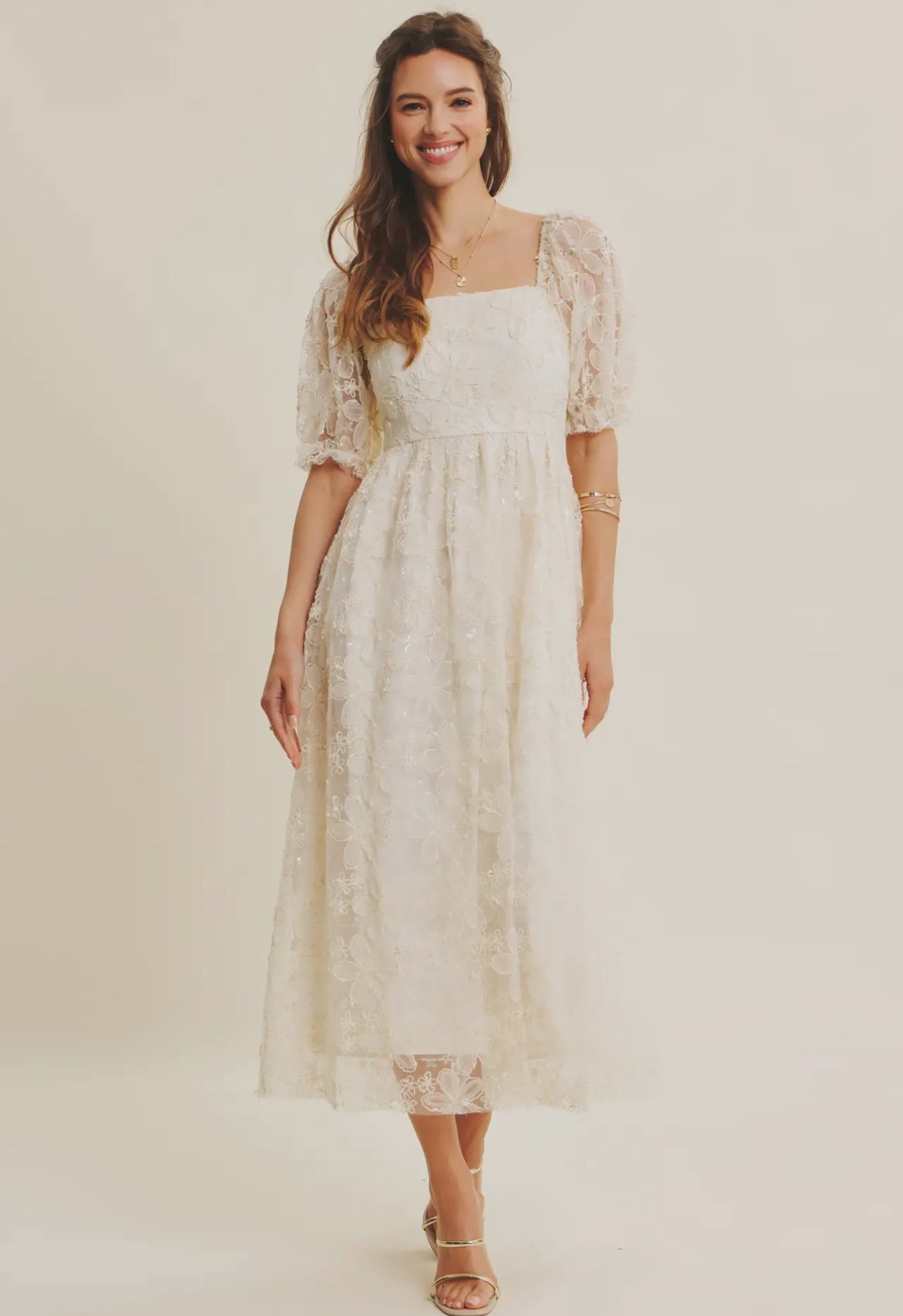 Magnolia Mae Romantic Textured Sheer Floral Sequin Midi Dress