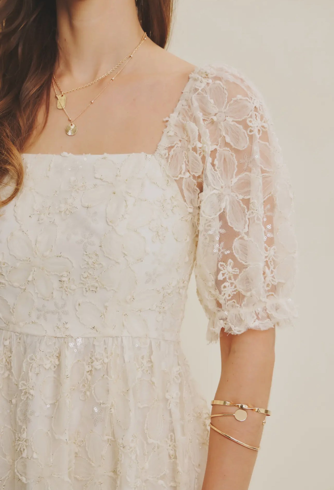 Magnolia Mae Romantic Textured Sheer Floral Sequin Midi Dress