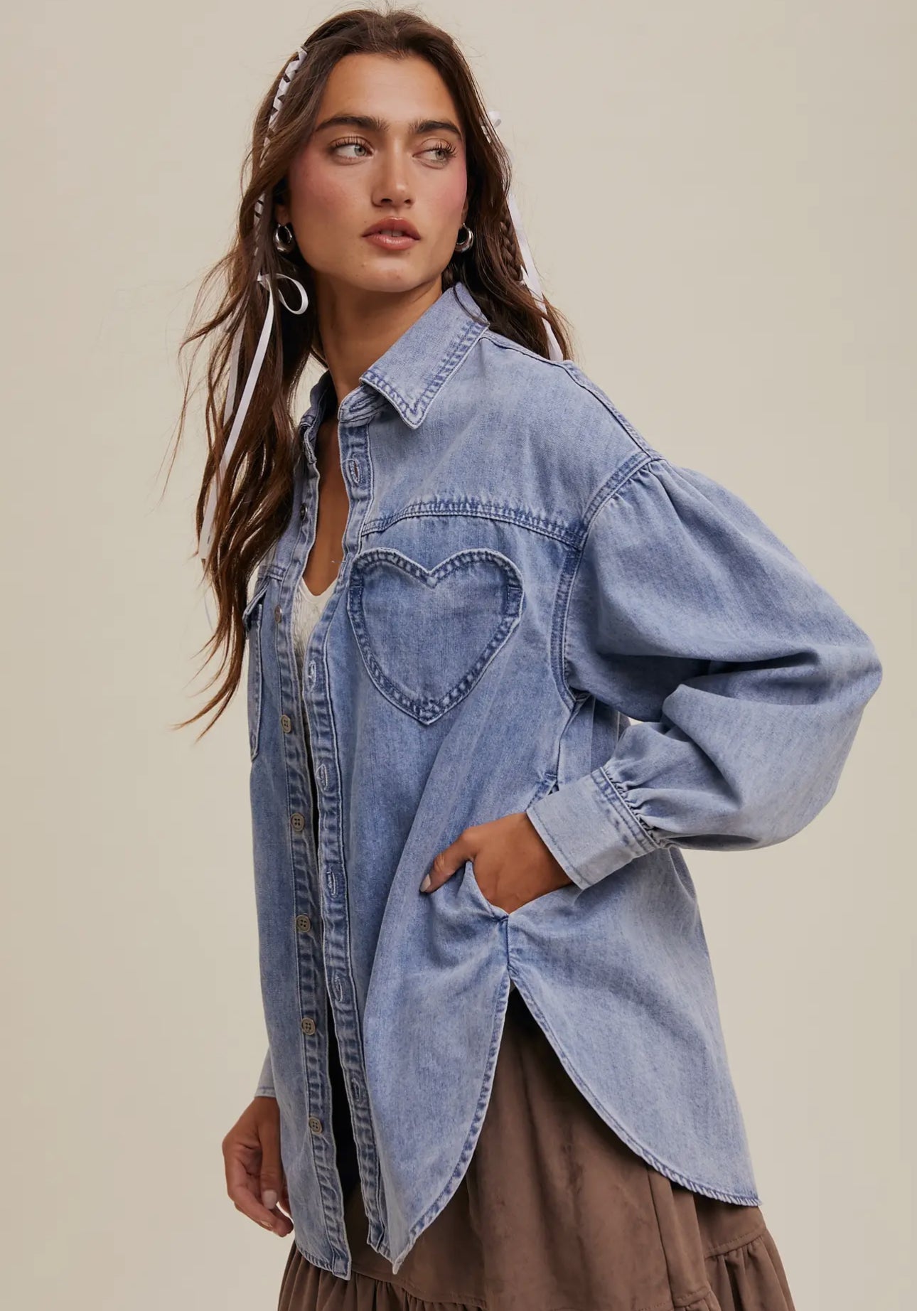 Heart Detail Oversized Denim Shirt
Light Denim