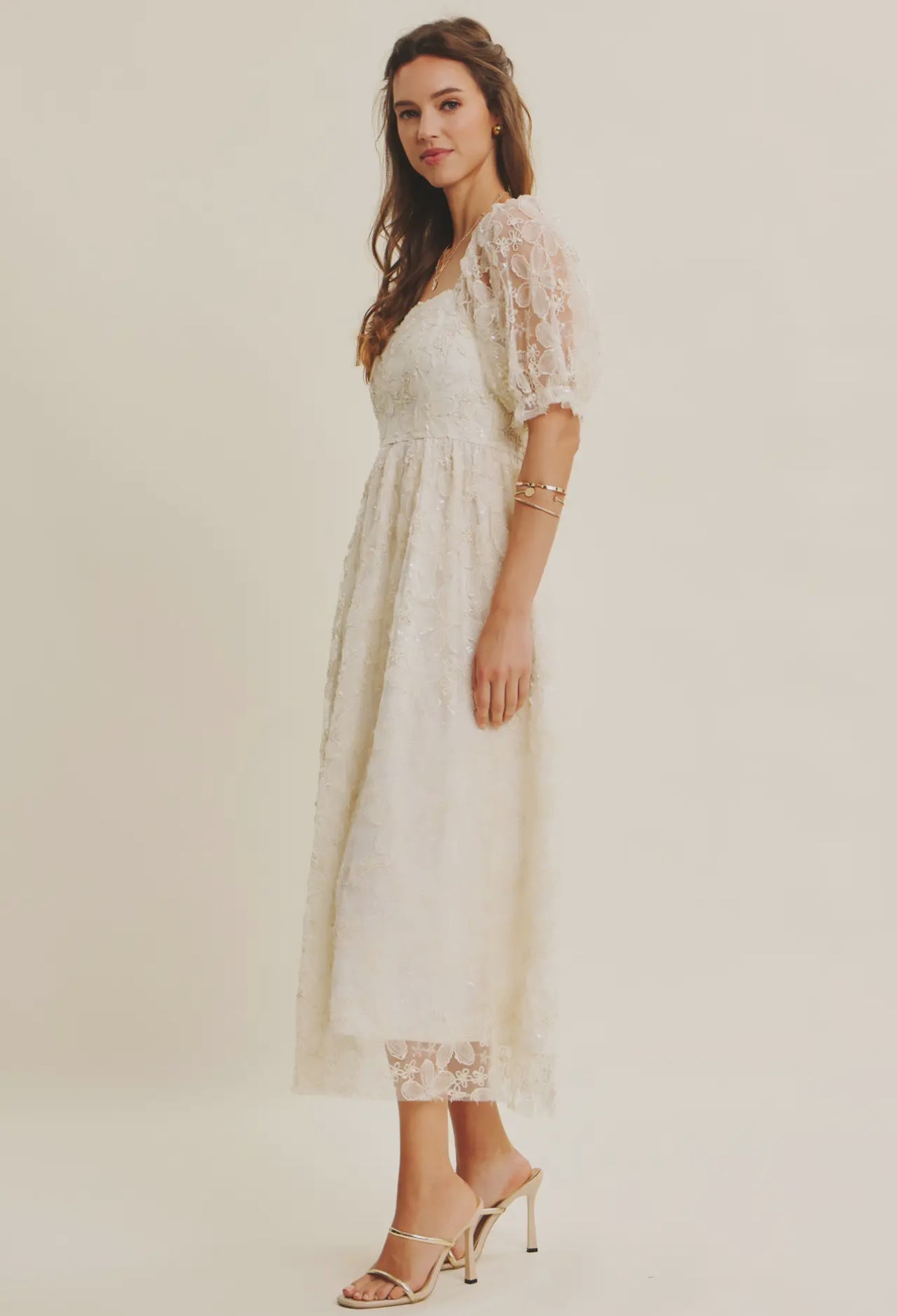 Magnolia Mae Romantic Textured Sheer Floral Sequin Midi Dress