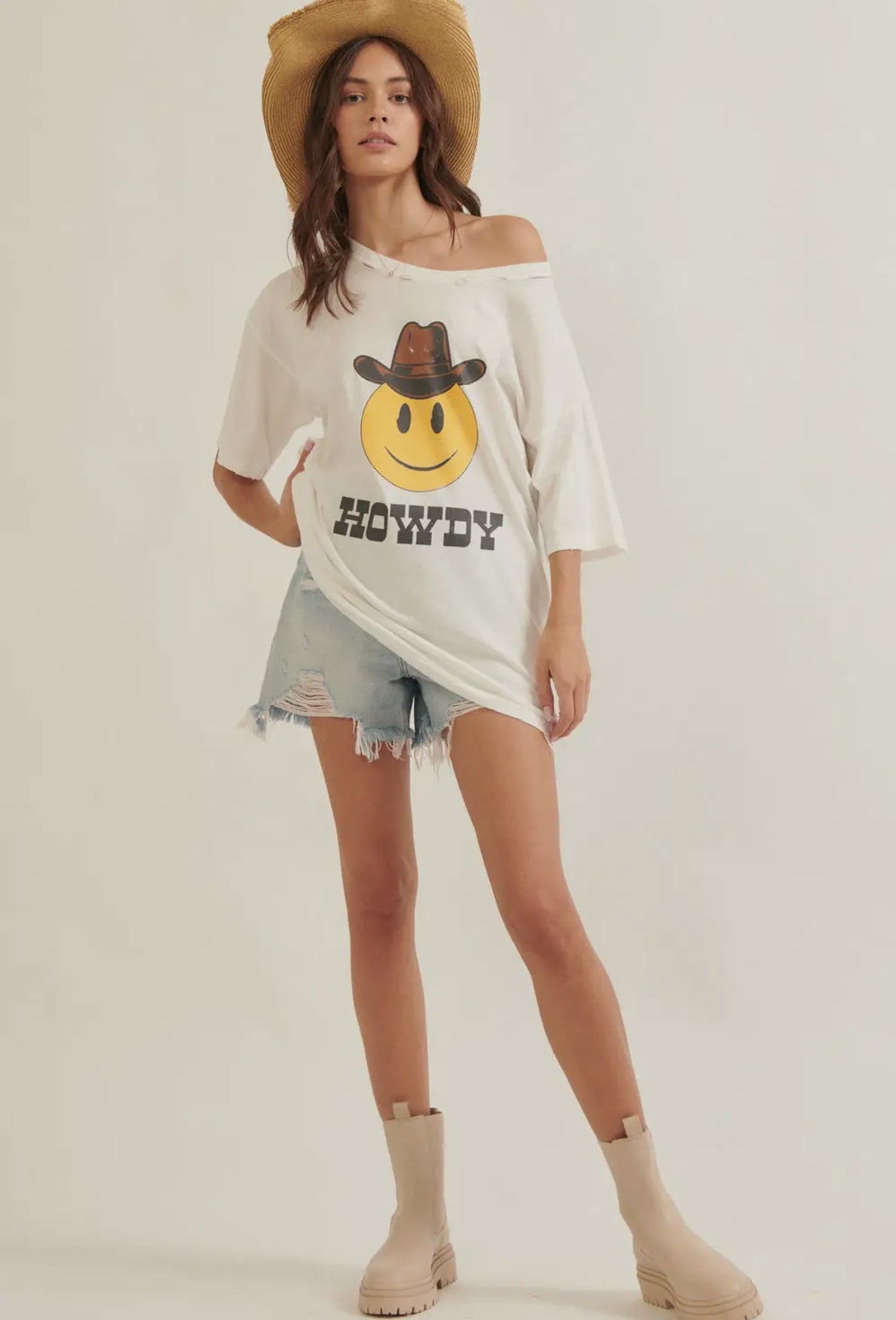 Howdy Smiley Face Oversized Distressed Western Graphic Tee