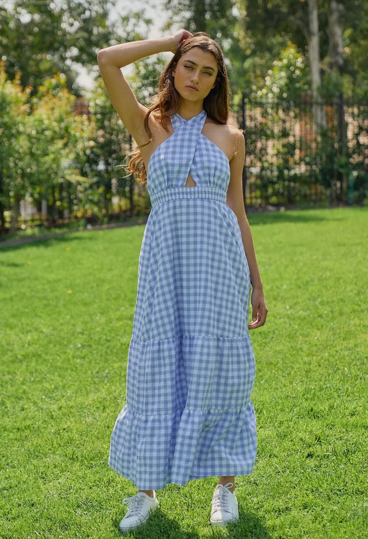 Ginger | Plaid Crossed Halter Open Back Maxi Dress