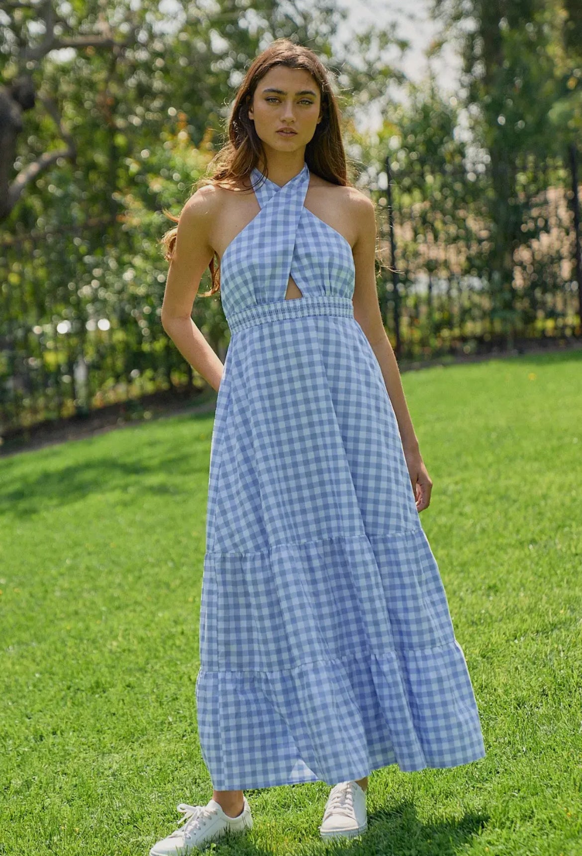 Ginger | Plaid Crossed Halter Open Back Maxi Dress Clover Lane Co. Ginger | Plaid Crossed Halter Open Back Maxi Dress Clover Lane Co.
