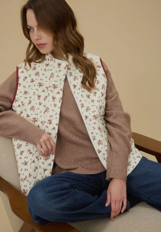 Floral Quilted Zip-Up Puffer Vest