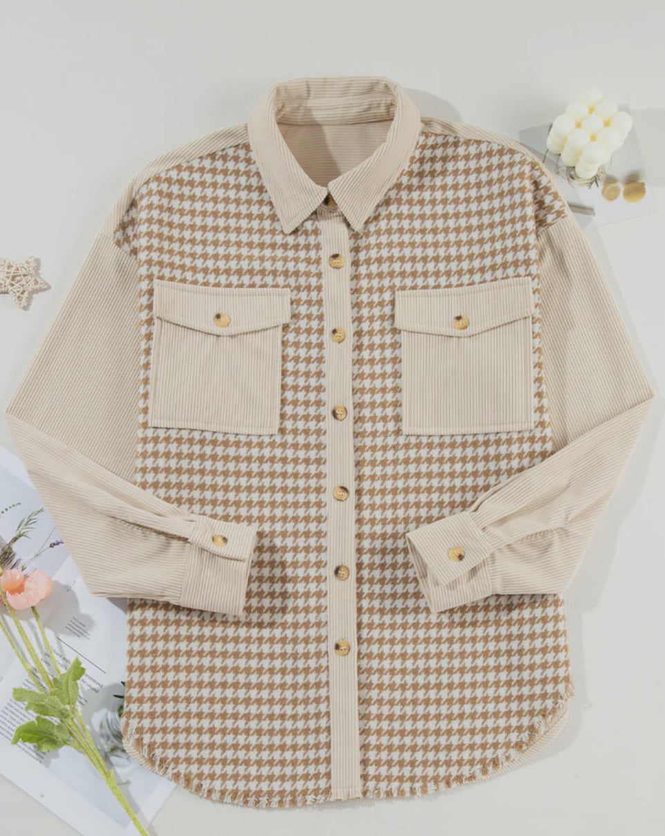 Parchment Houndstooth Corduroy Patchwork Flap Pocket Shacket