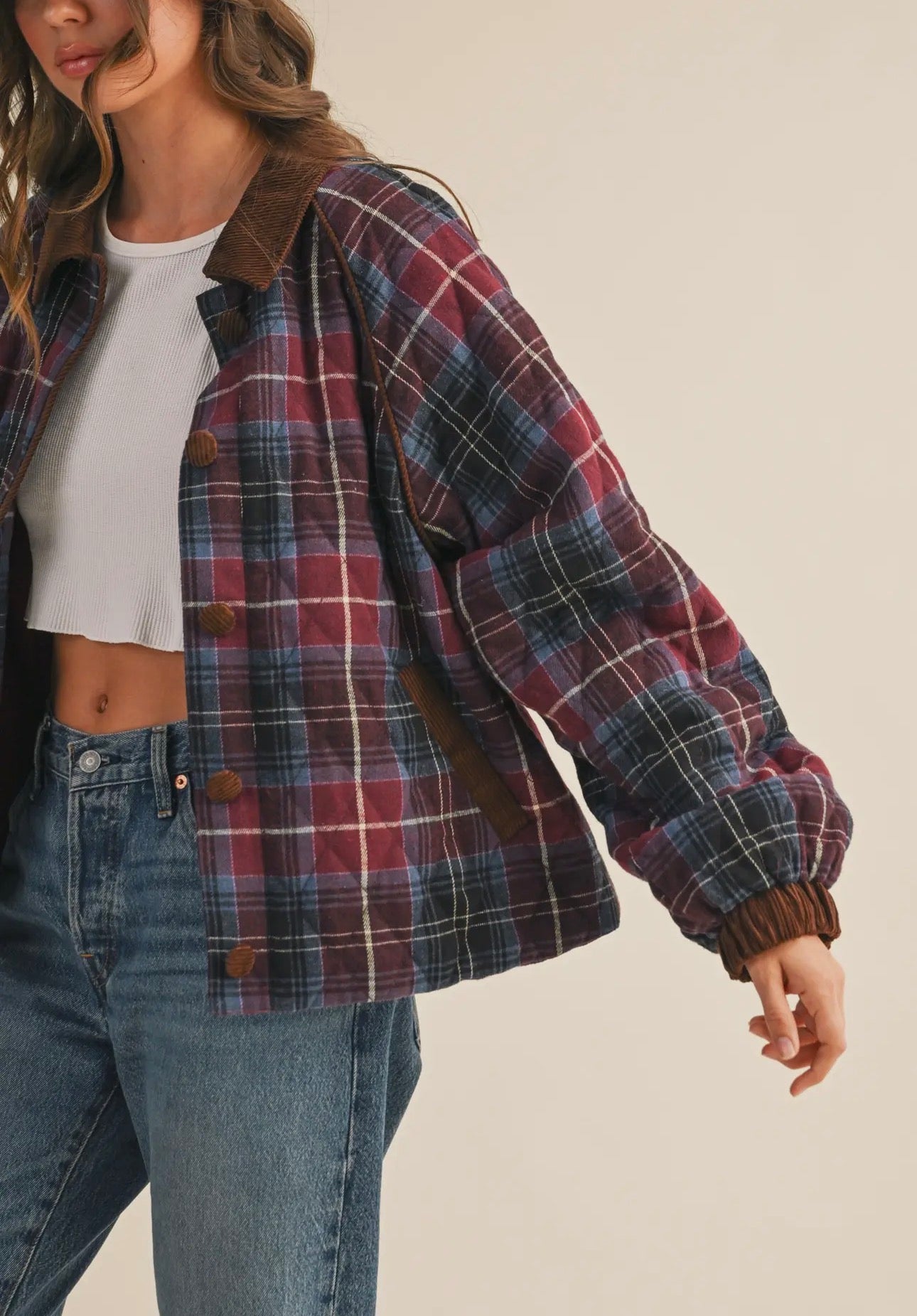 Plaid Quilted Jacket with Contrast
Corduroy Detail