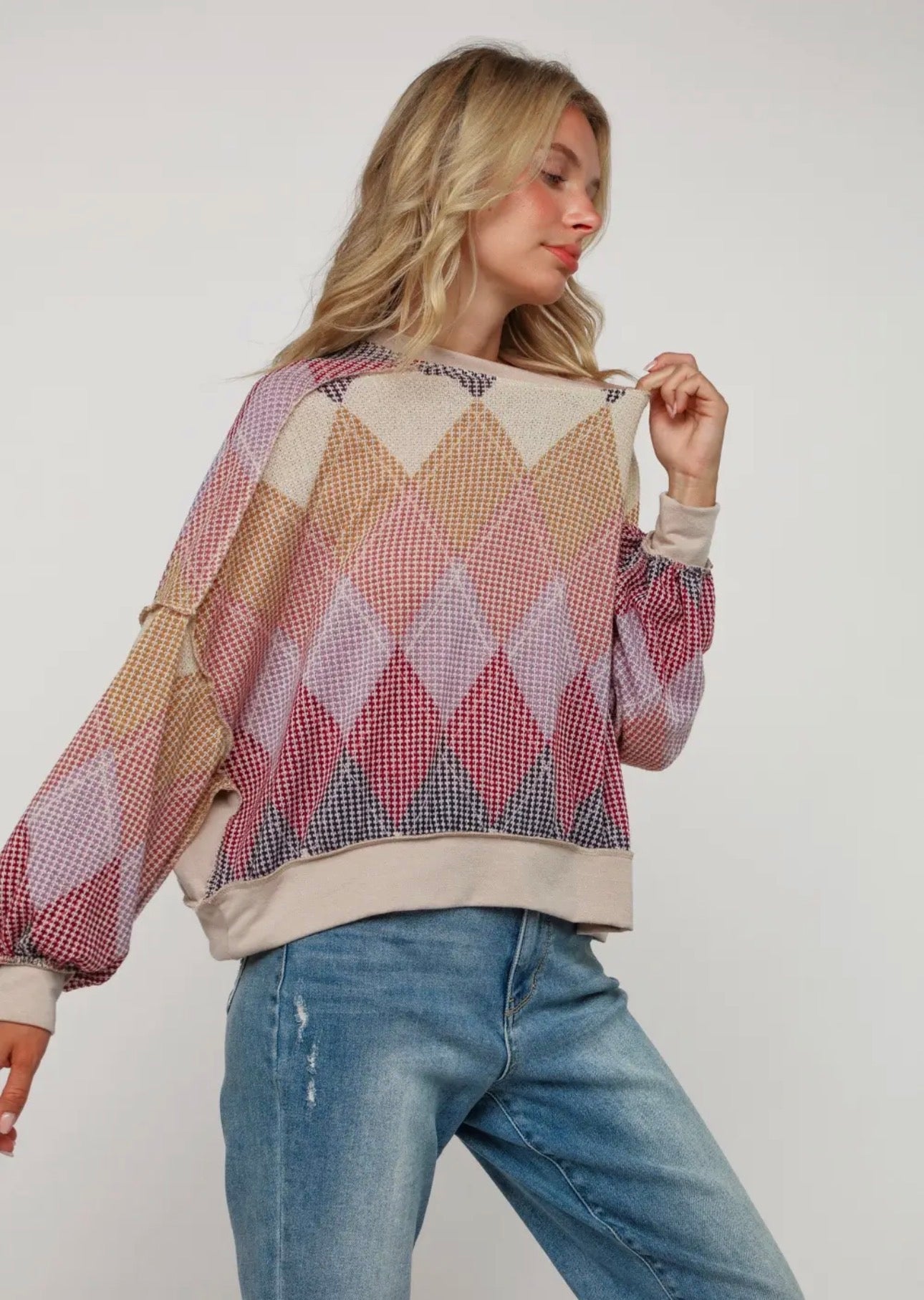 Argyle Print Oversized Long Sleeve
Top