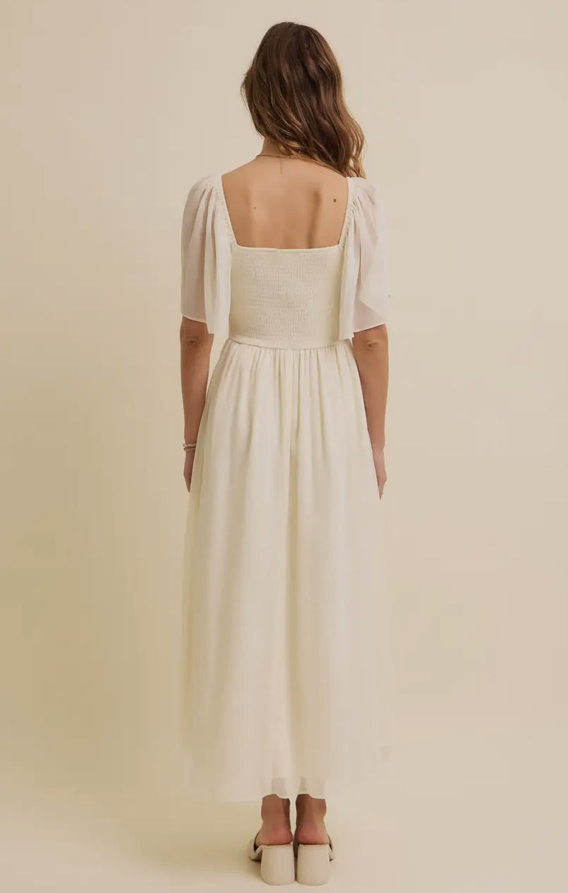 Magnolia Floral Applique Flutter Sleeved Midi Dress with Pockets