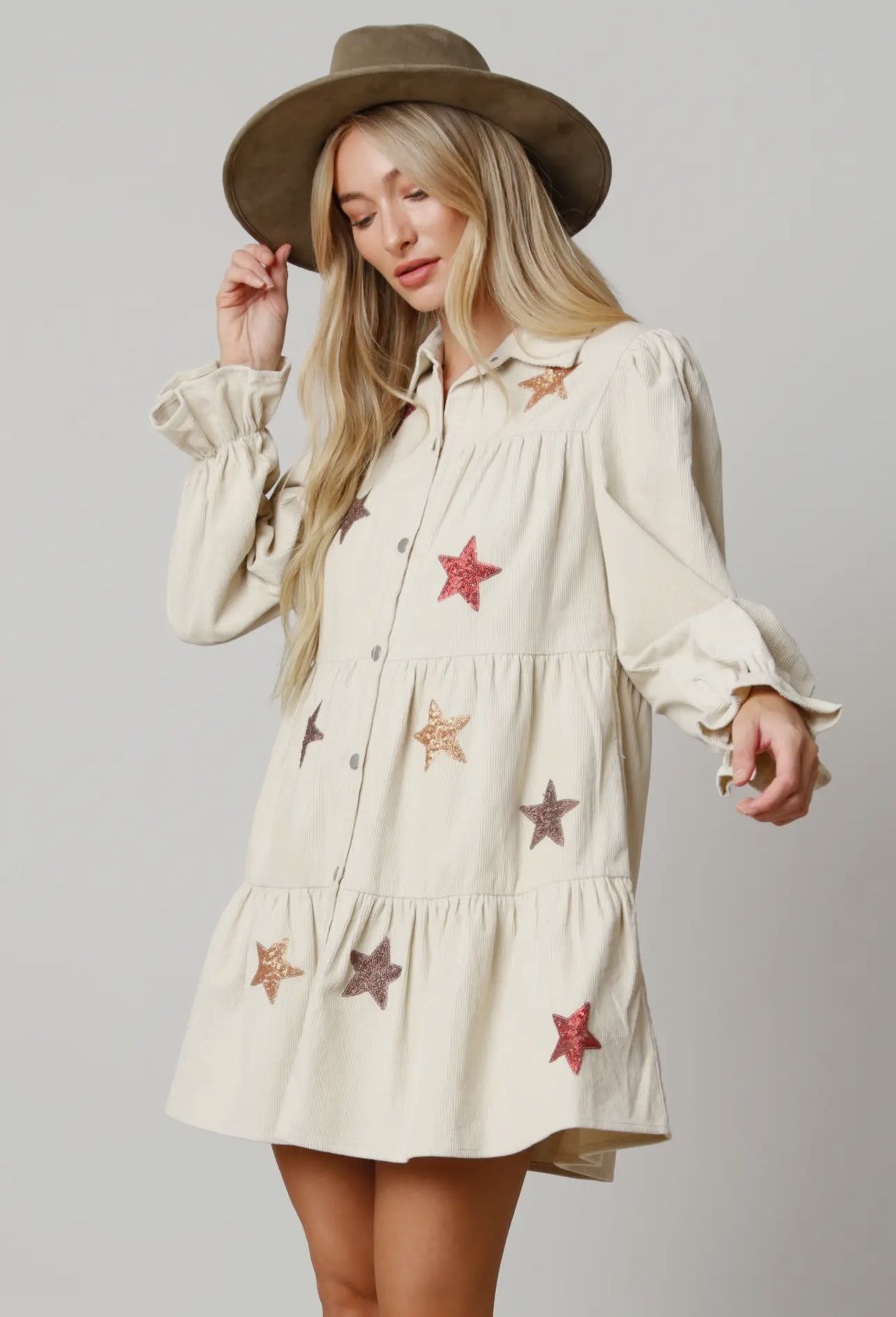 Miley | Star Sequin Corduroy Tiered Shirt Dress