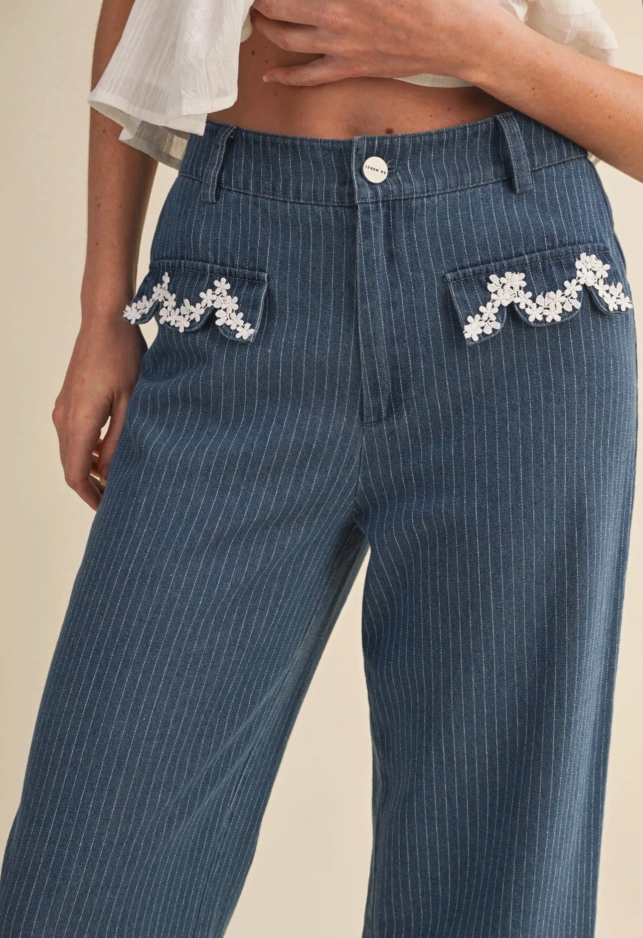 Allie Pinstripe Wide Leg Pants with Lace Trim