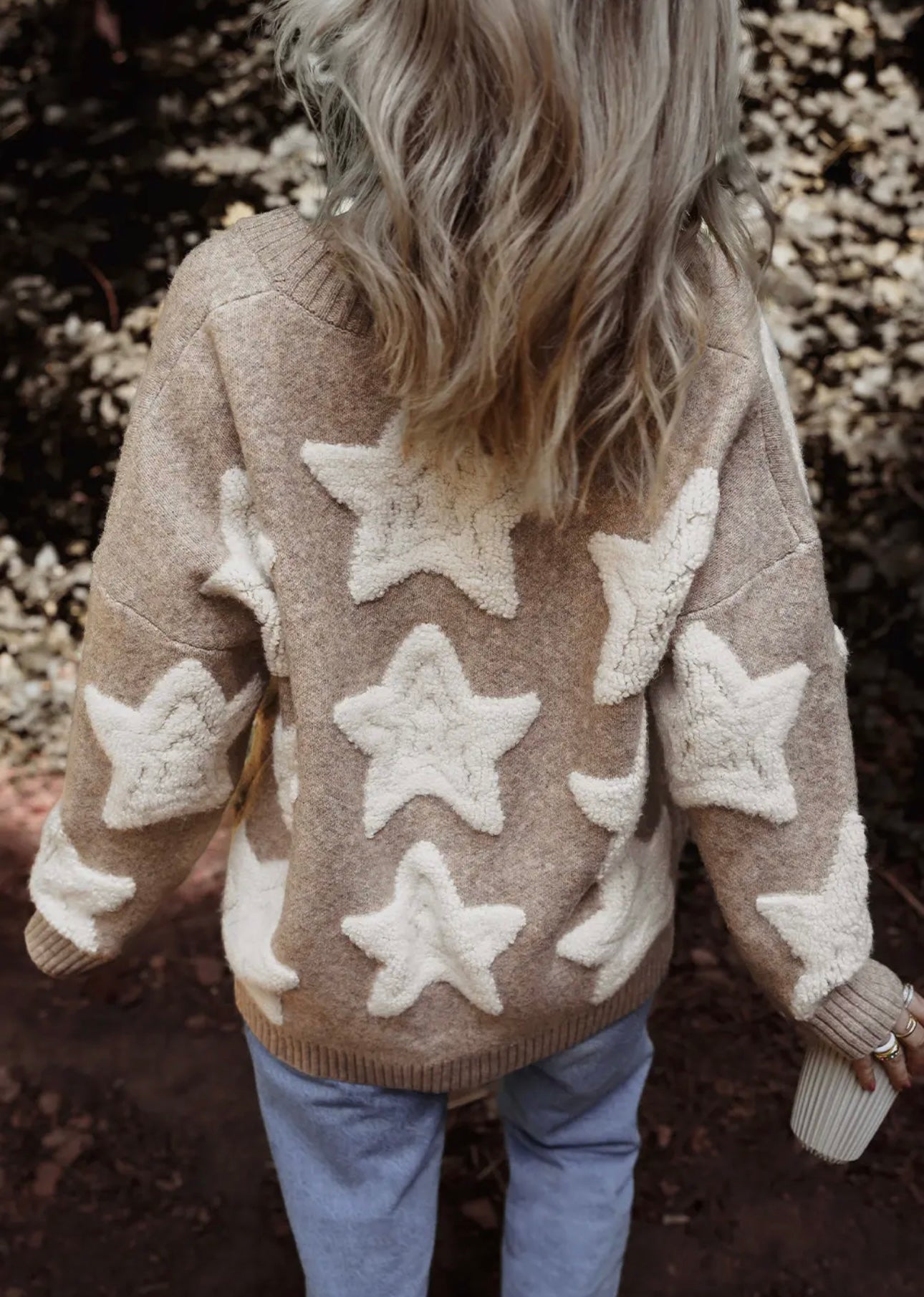 Star Pattern Textured Sweater Cardigan with Pockets