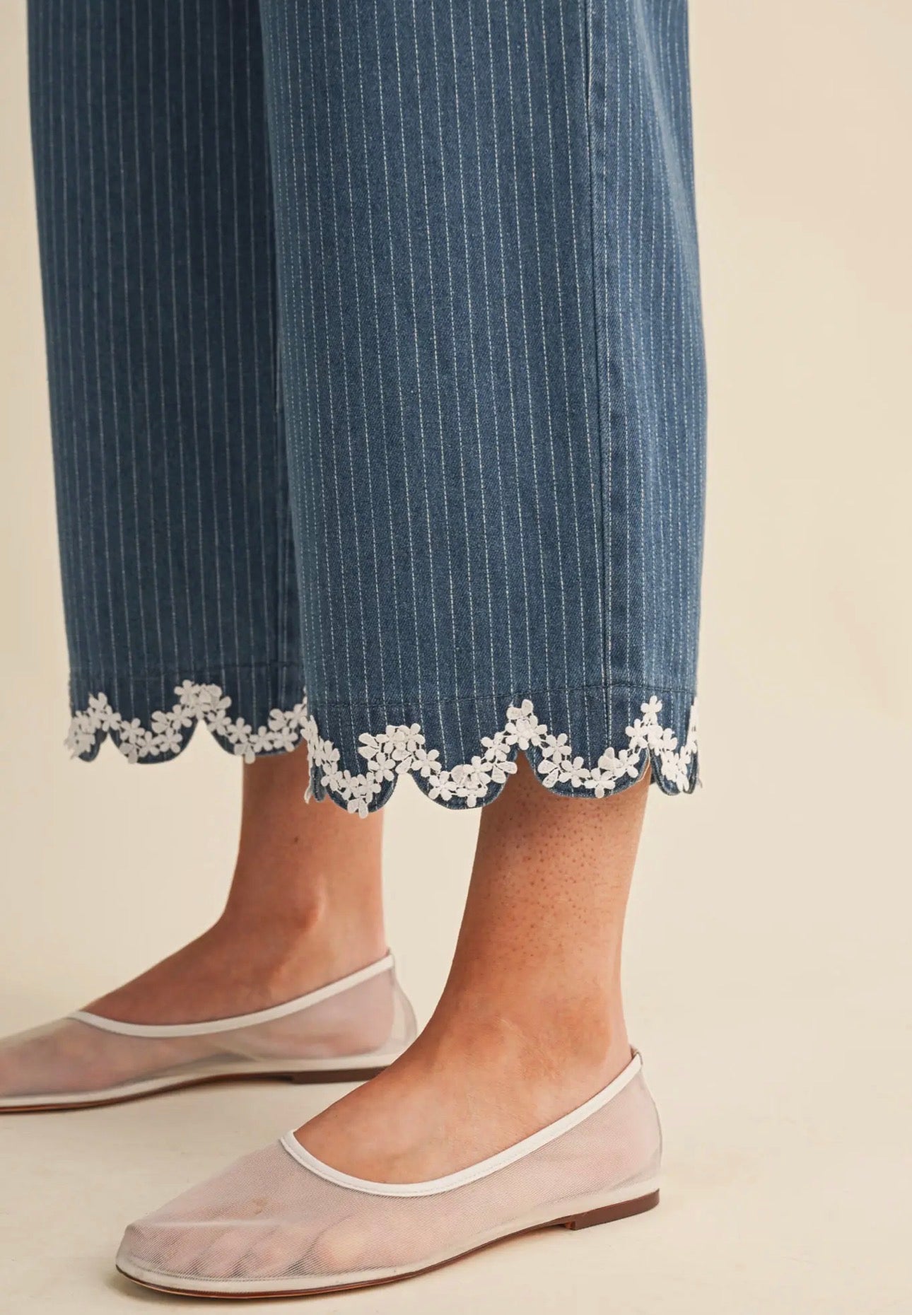 Allie Pinstripe Wide Leg Pants with Lace Trim