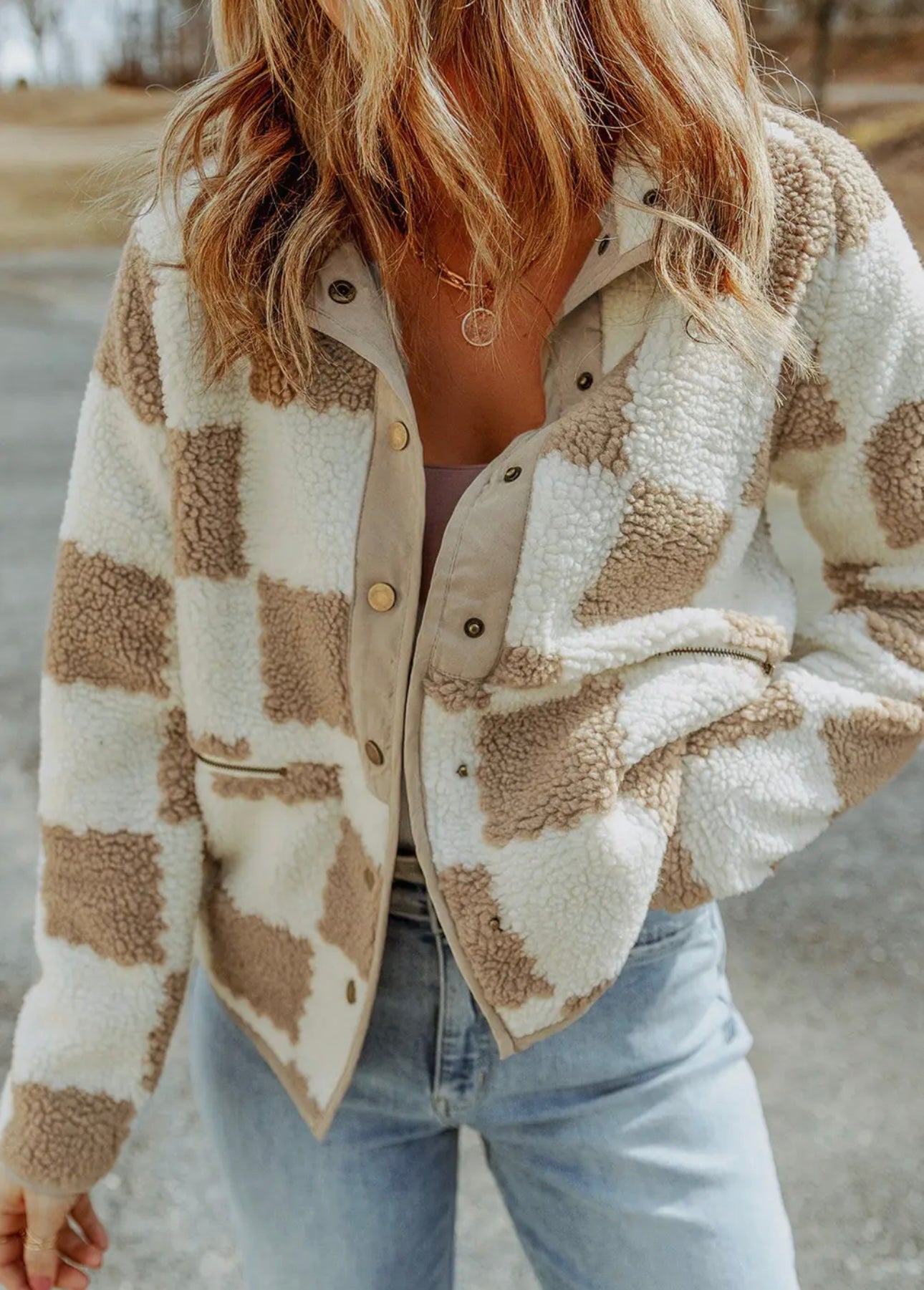 Brown Checked Snap Button
Sherpa Jacket