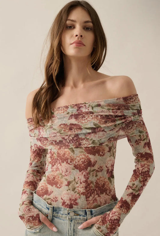 Floral Mesh Off-Shoulder Knit Body Suit