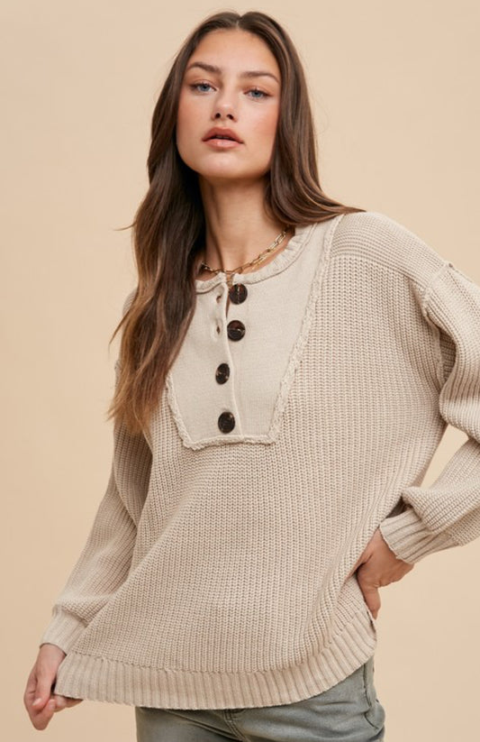 Button Up Henry Neck Rib Sweater Top