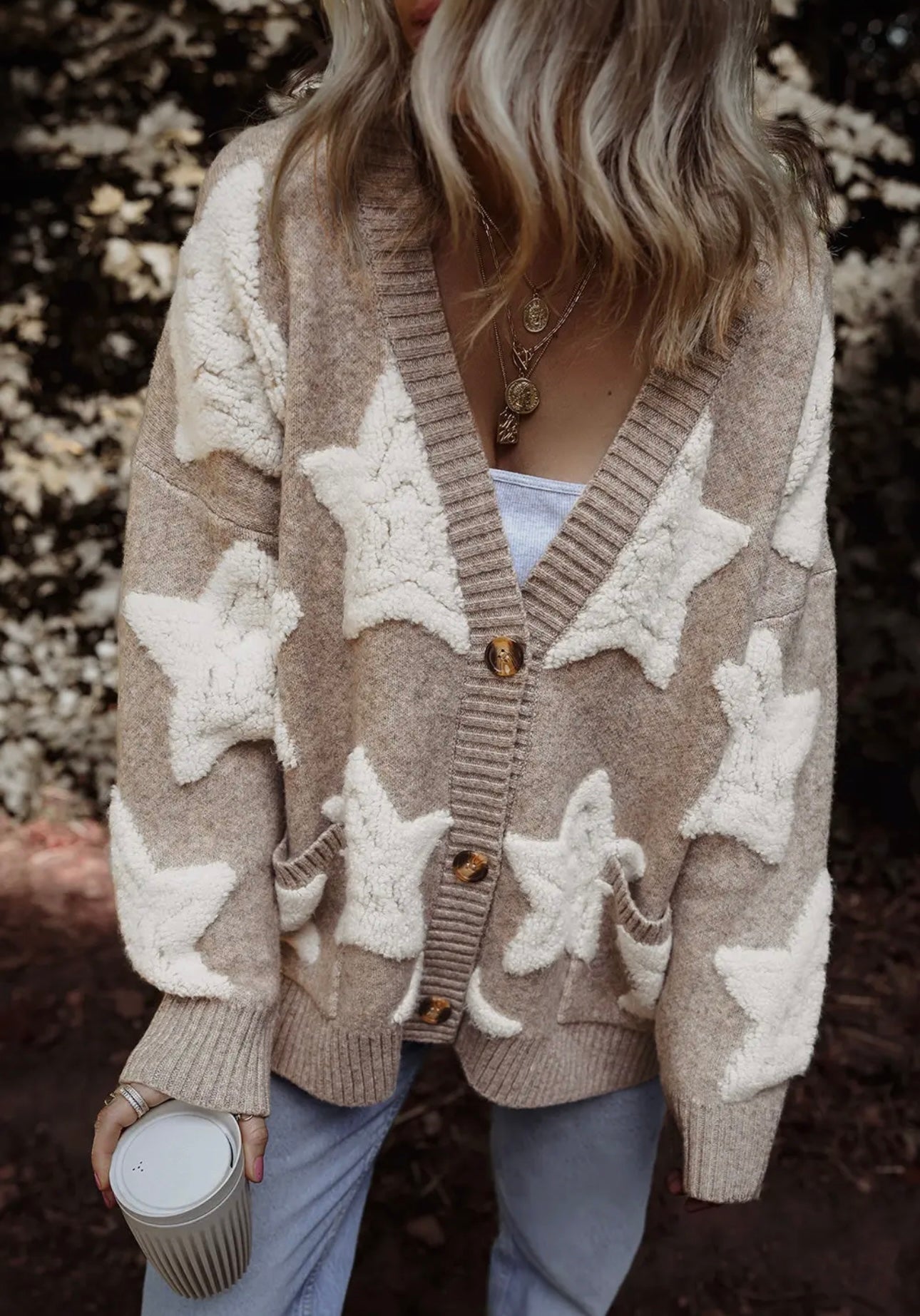 Star Pattern Textured Sweater Cardigan with Pockets