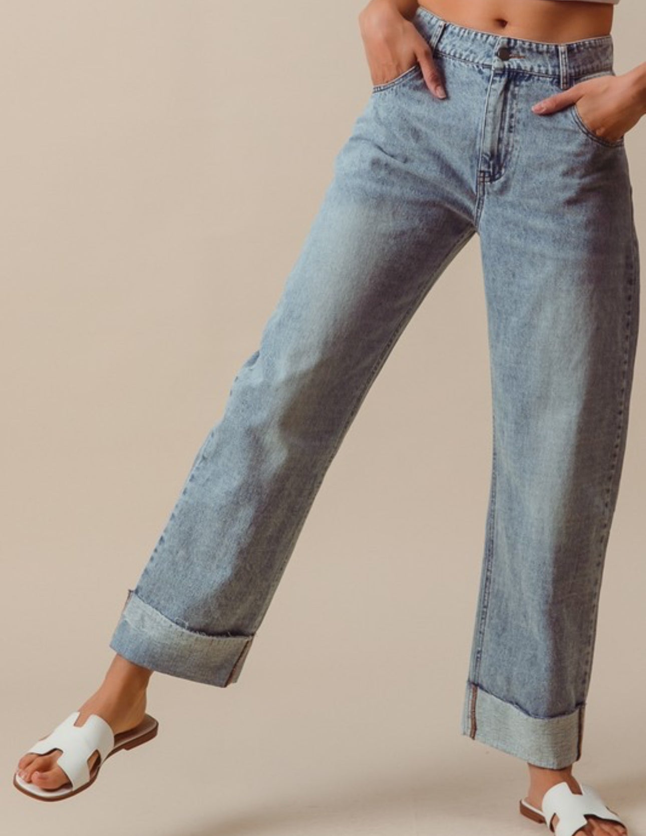 Rolled Up Bottom Hem Soft Barrel Shape Denim Jeans