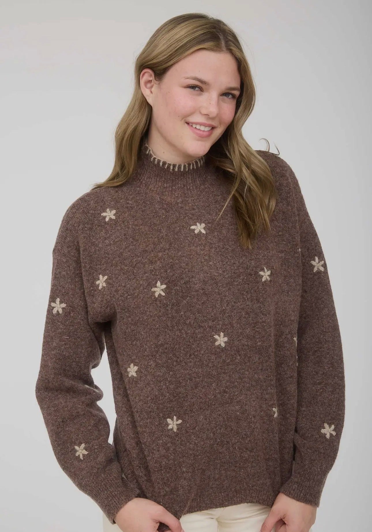 Floral Embroidery Mock Neck Knit Sweater