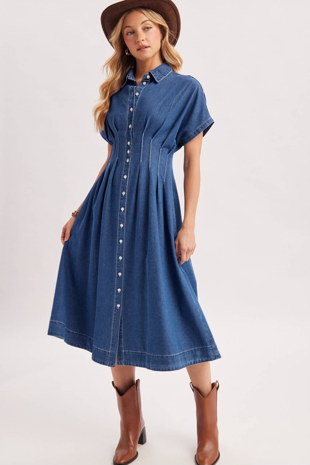 Fallon Pleated Waist Denim Dress