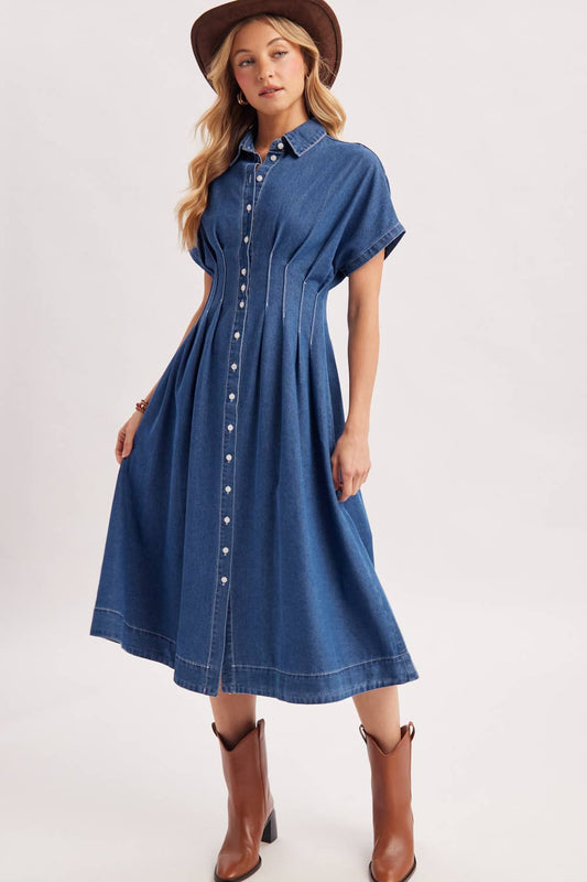 Fallon Pleated Waist Denim Dress