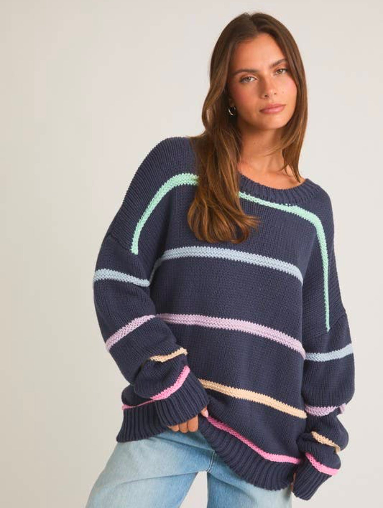 Meredith Long Sleeve Round Neck 3d
Striped Sweater