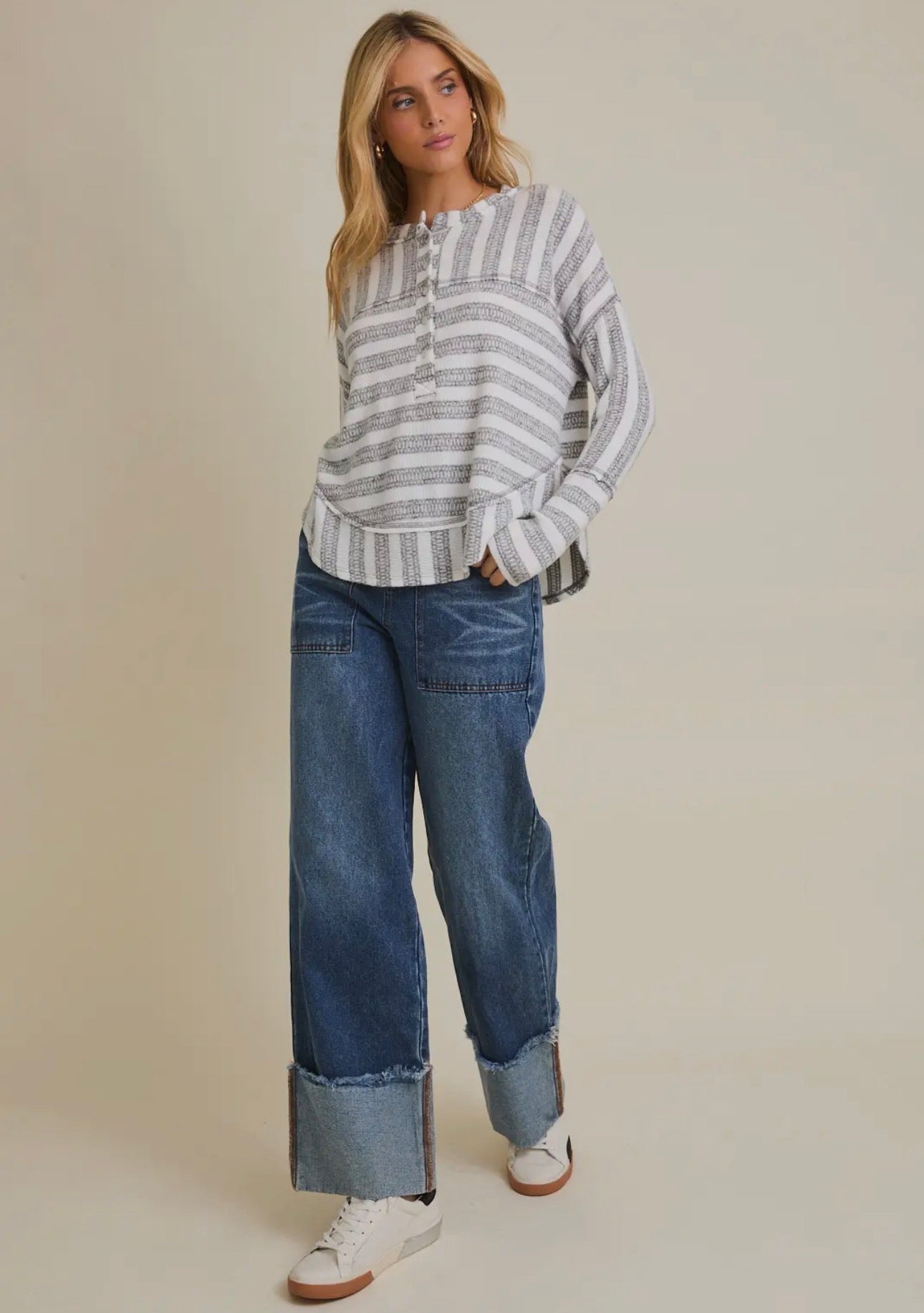 Long Sleeve Button Down Raw Edge
Stripe Top