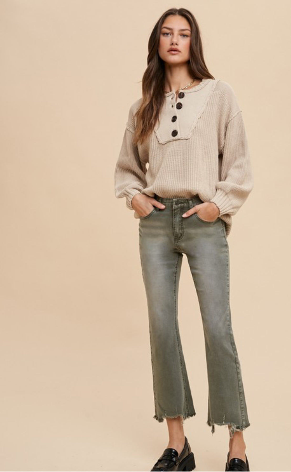 Button Up Henry Neck Rib Sweater Top