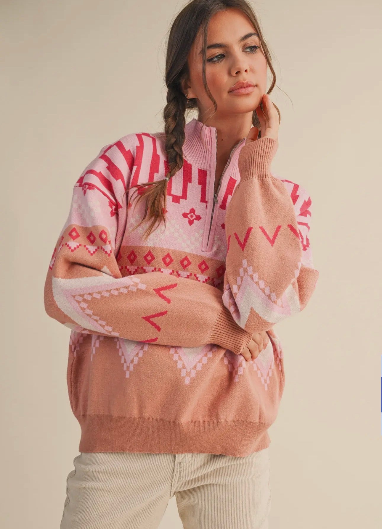 Geometric Knit Mock Neck Half Zip
Pullover Sweater