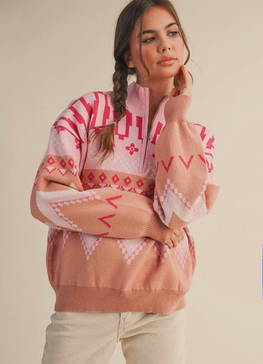 Geometric Knit Mock Neck Half Zip
Pullover Sweater