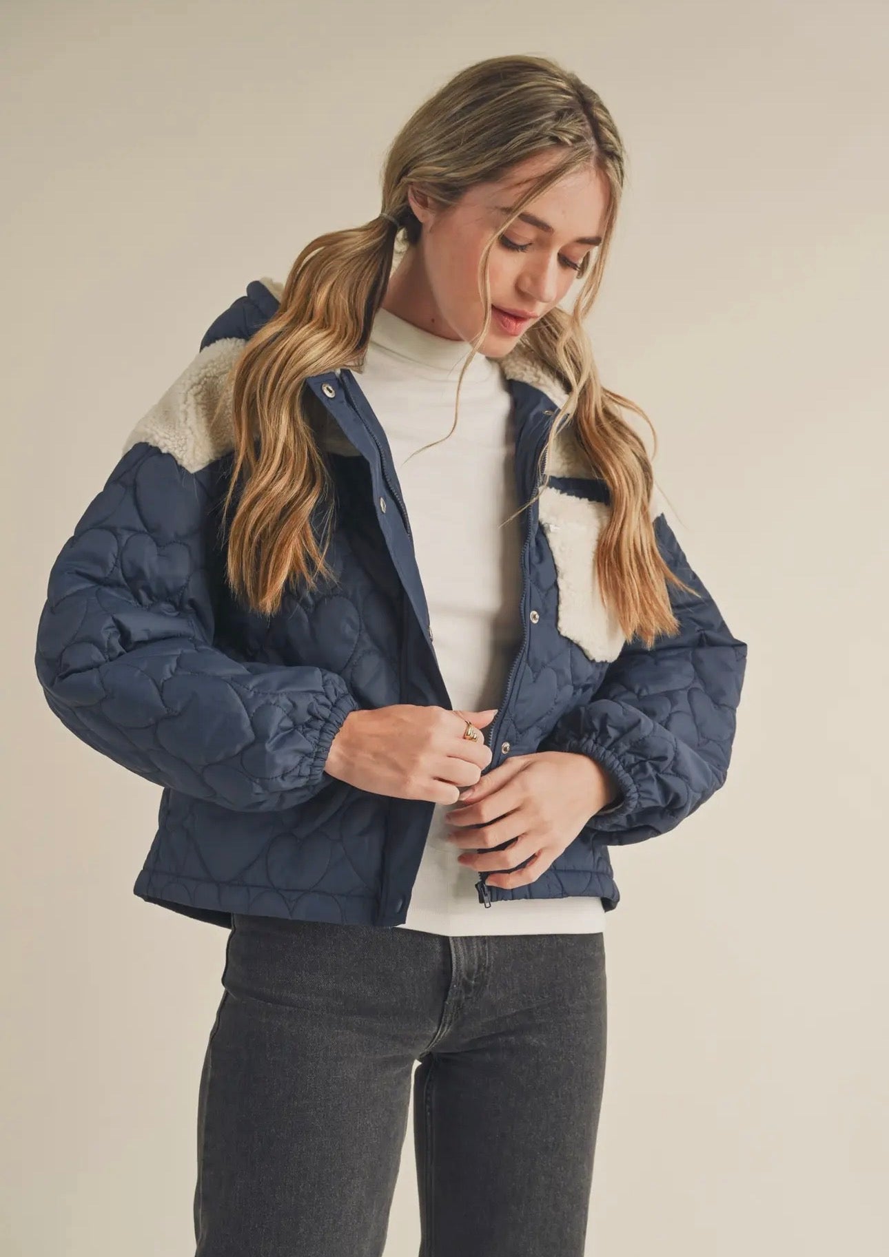 Mixed Heart Puff Jacket with
Hood