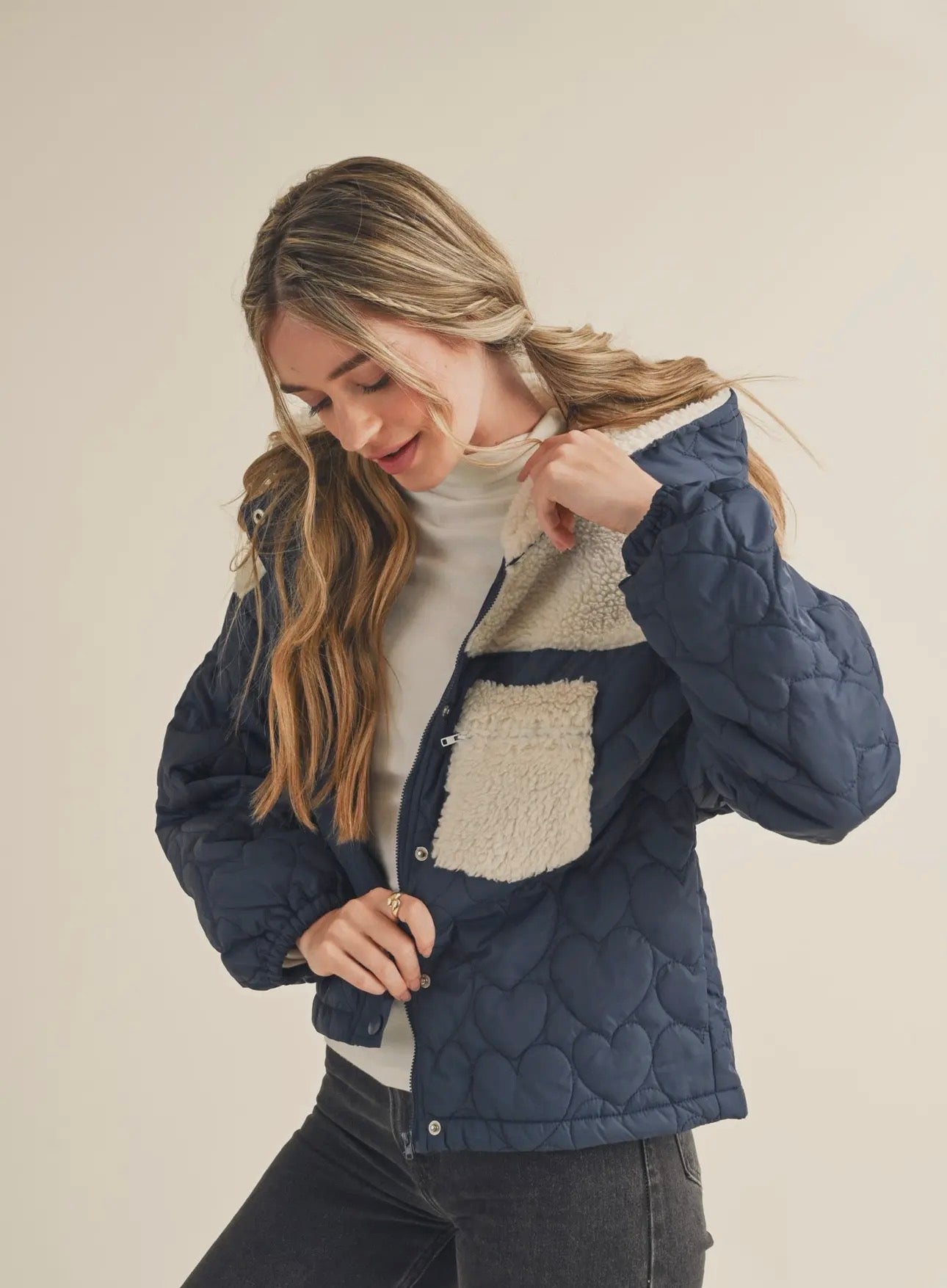 Mixed Heart Puff Jacket with
Hood