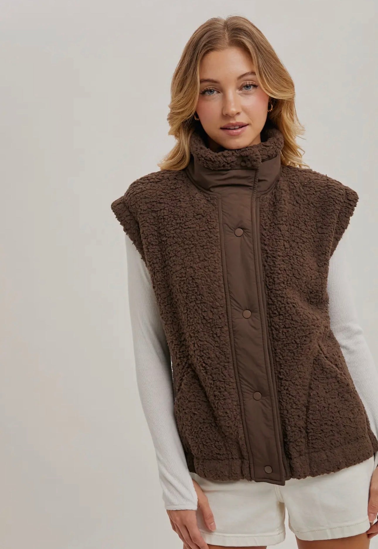 Button Down Mock Neck Sherpa Vest