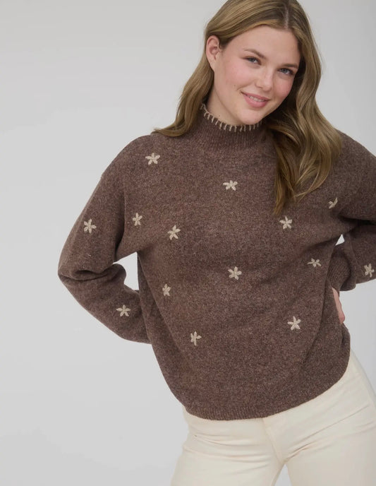 Floral Embroidery Mock Neck Knit Sweater
