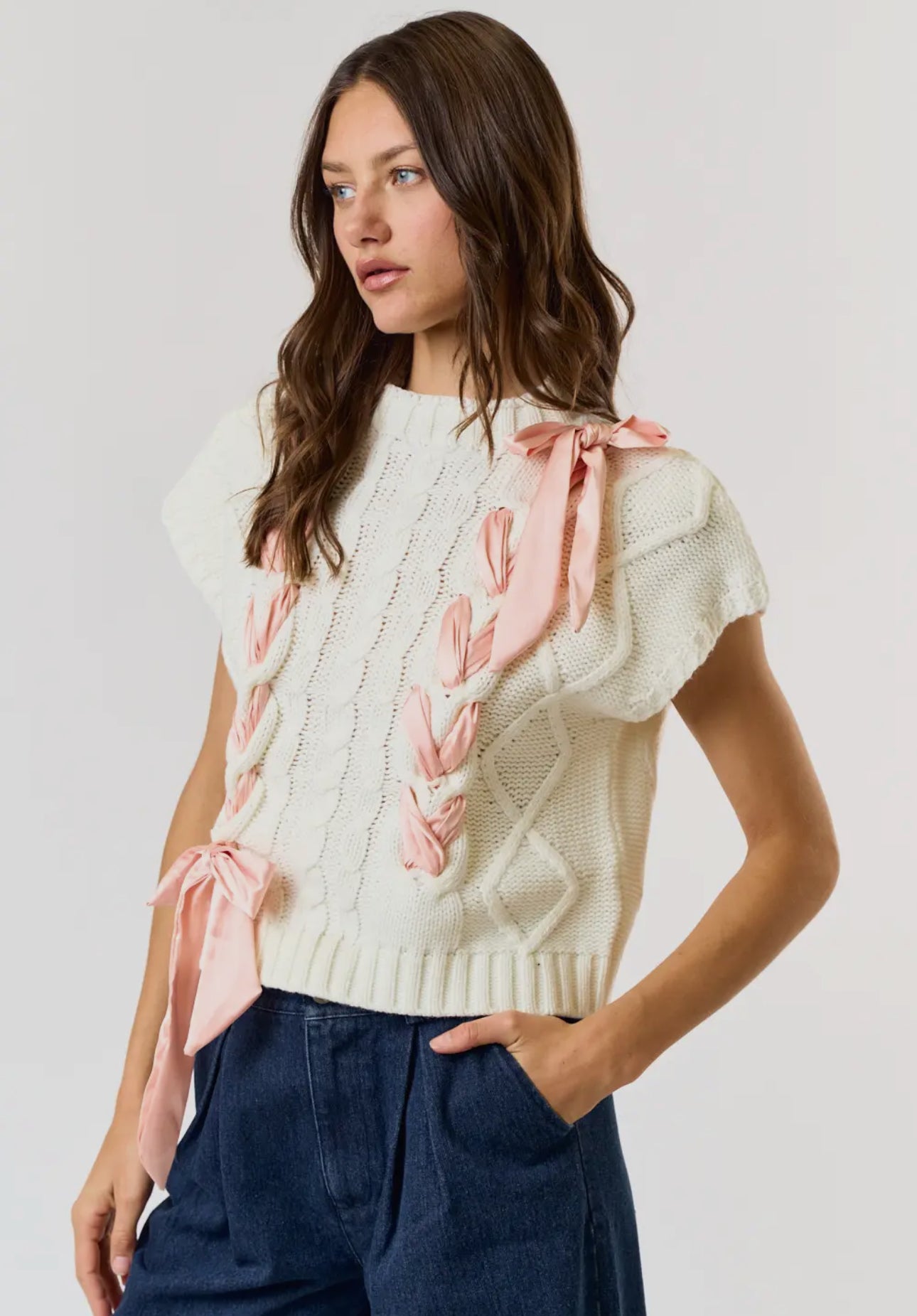 Satin Bow Cable Knit Sweater
Vest Top
