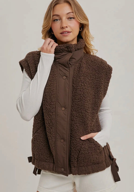 Button Down Mock Neck Sherpa Vest