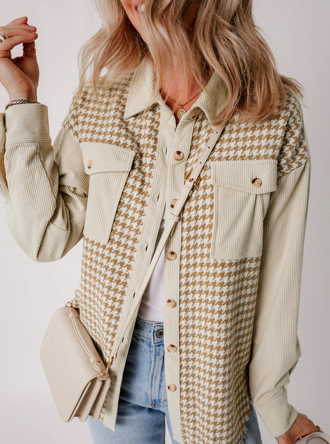 Parchment Houndstooth Corduroy Patchwork Flap Pocket Shacket