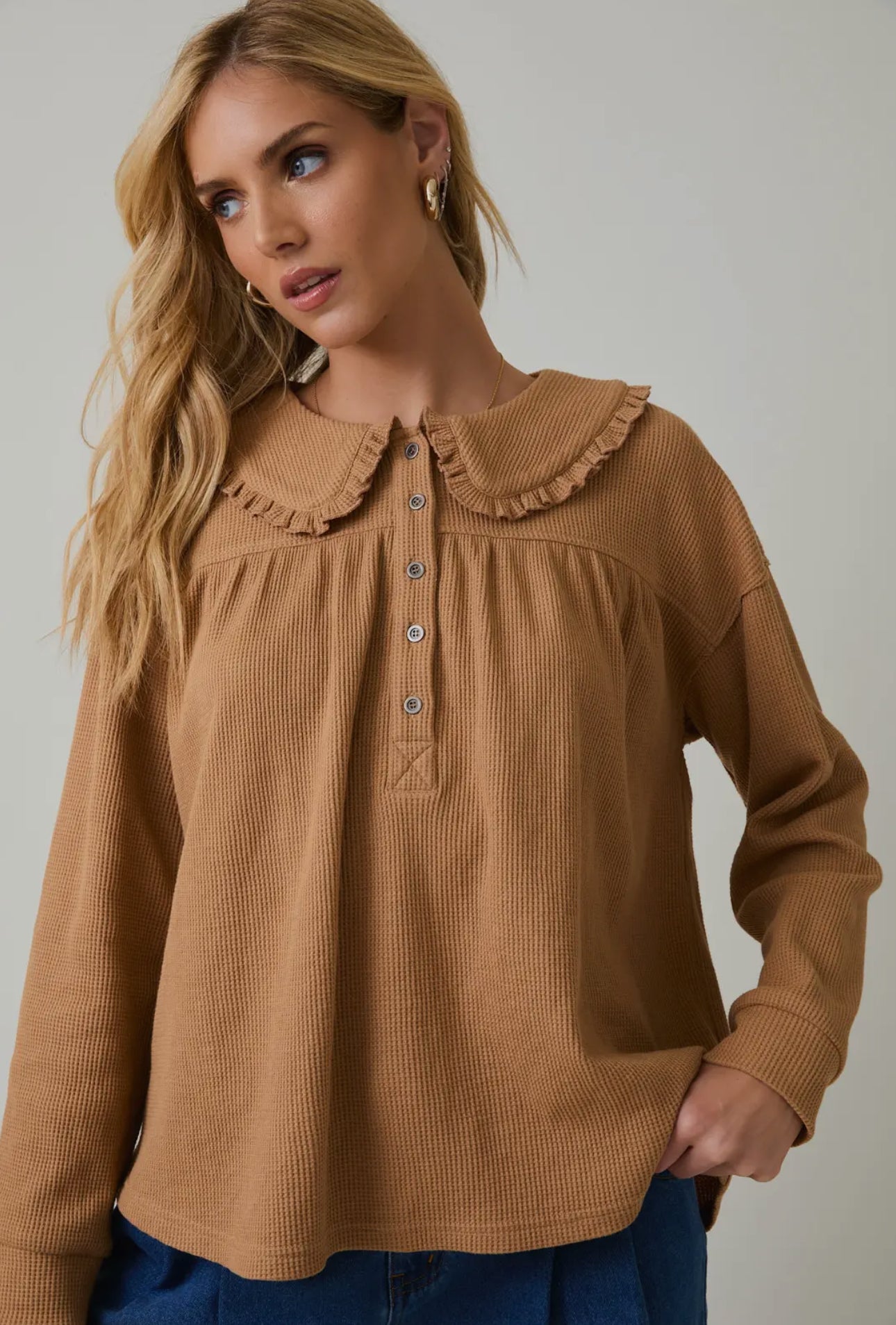 Peter Pan Collared Thermal Long Sleeve Button Up Top