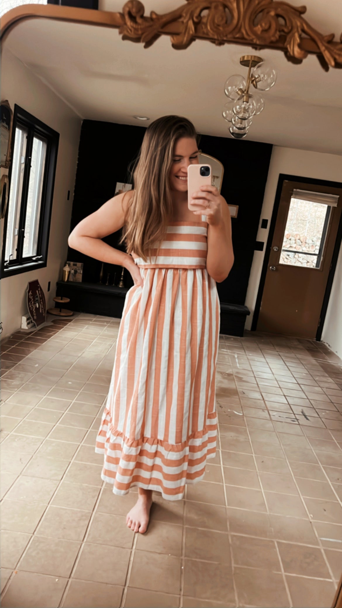 Cotton Blend Stripe Midi Dress