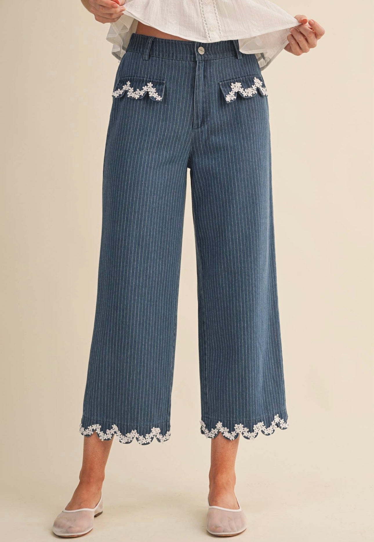 Allie Pinstripe Wide Leg Pants with Lace Trim