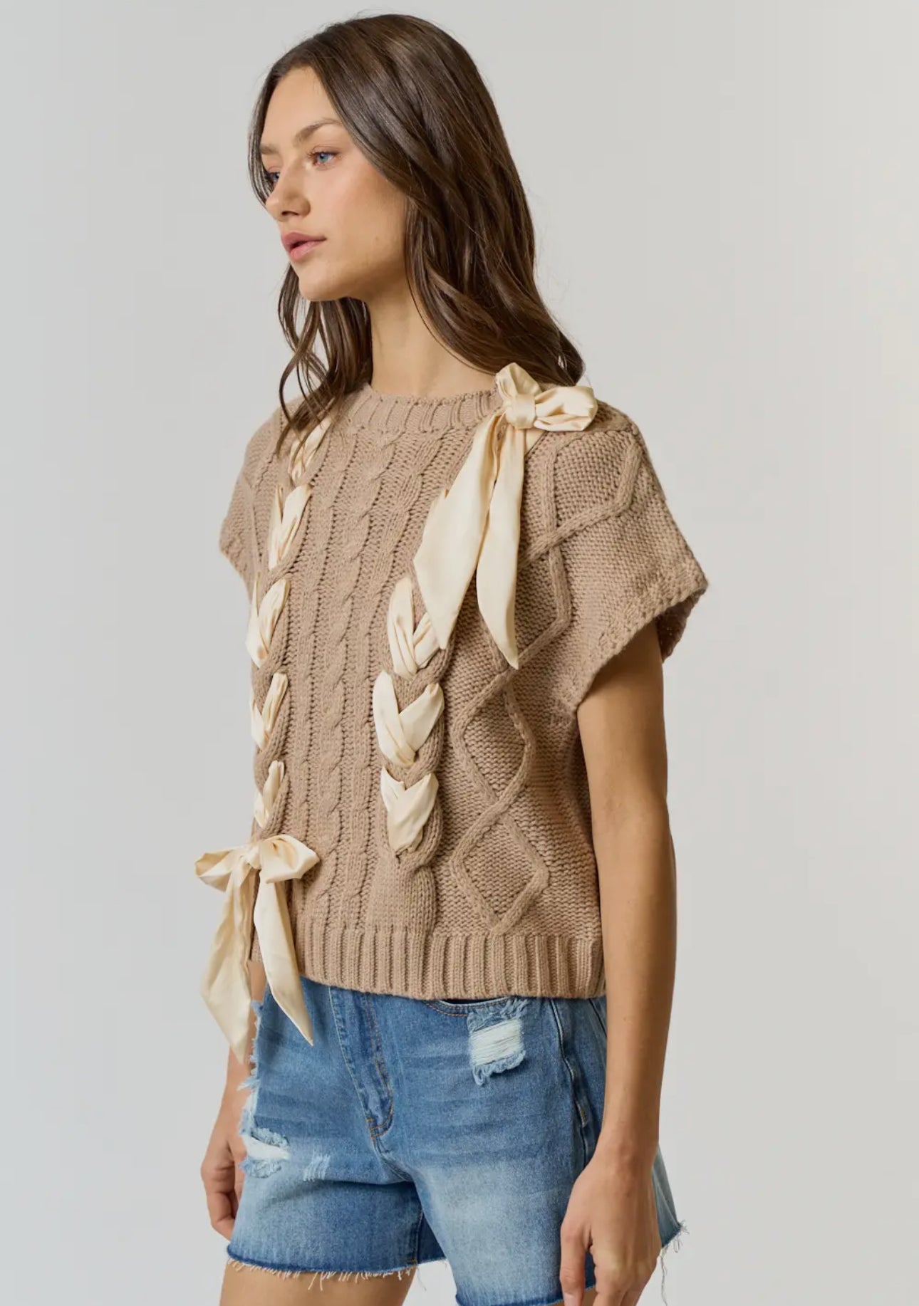 Satin Bow Cable Knit Sweater
Vest Top