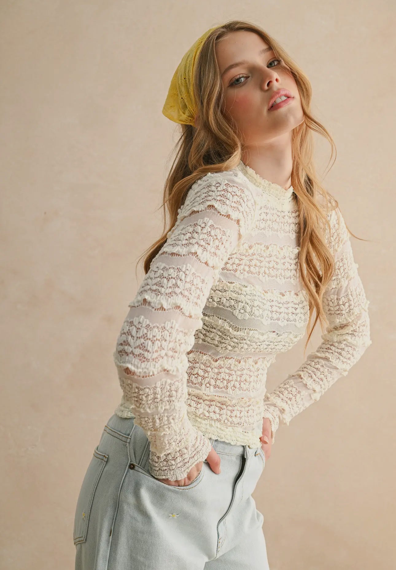Fae | Lace Textured Long Sleeve Blouse