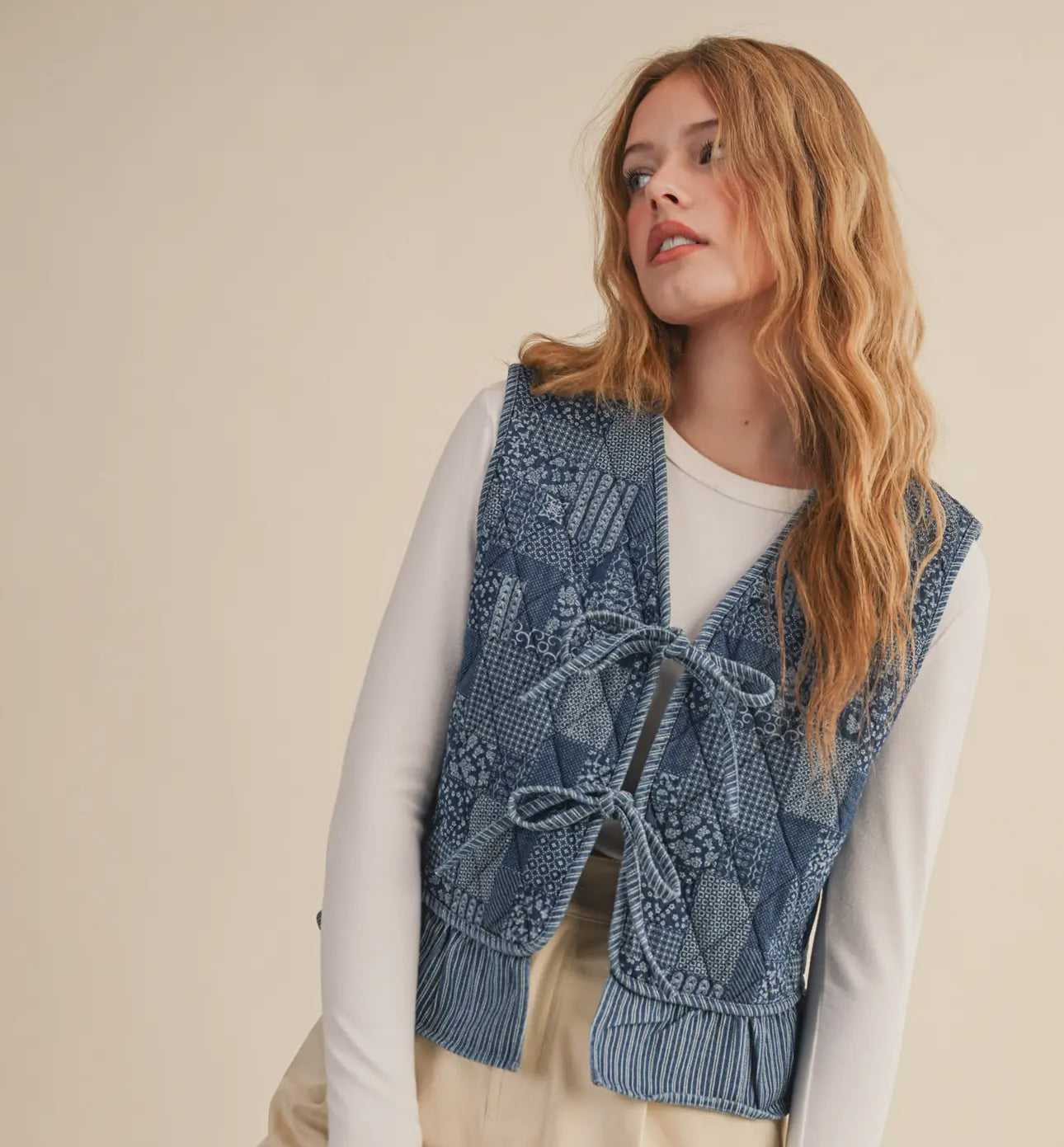 Quilted Printed Denim Ruffle Trim
Vest