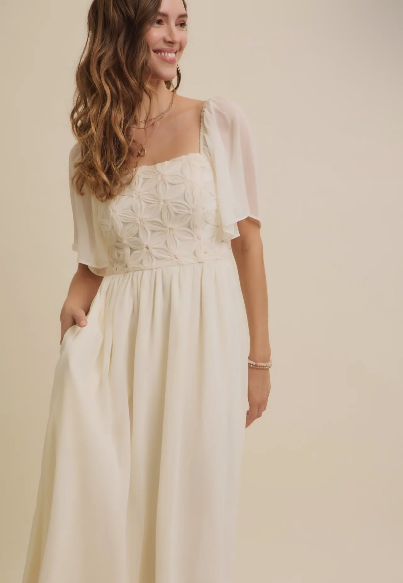 Magnolia Floral Applique Flutter Sleeved Midi Dress with Pockets
