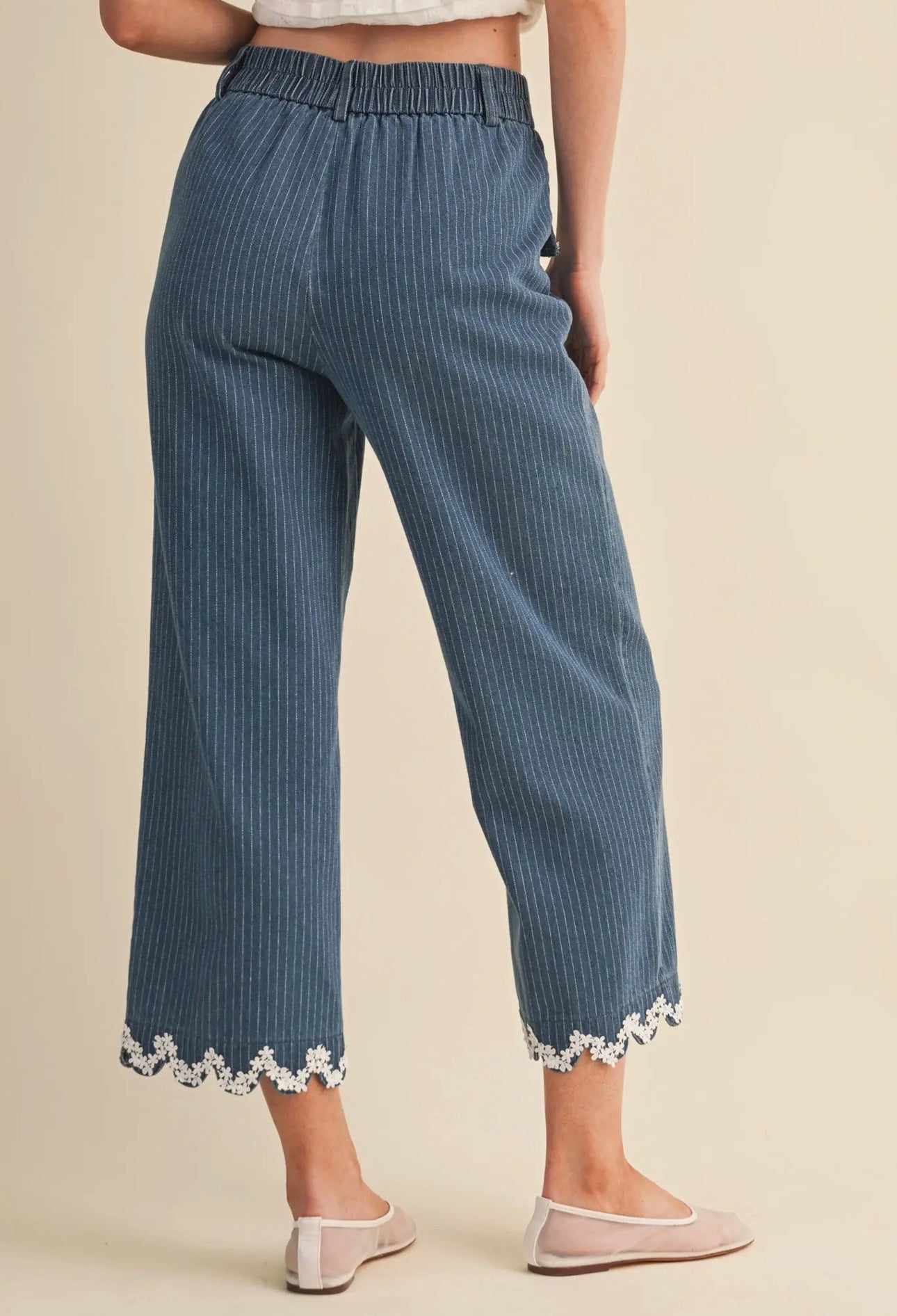 Allie Pinstripe Wide Leg Pants with Lace Trim
