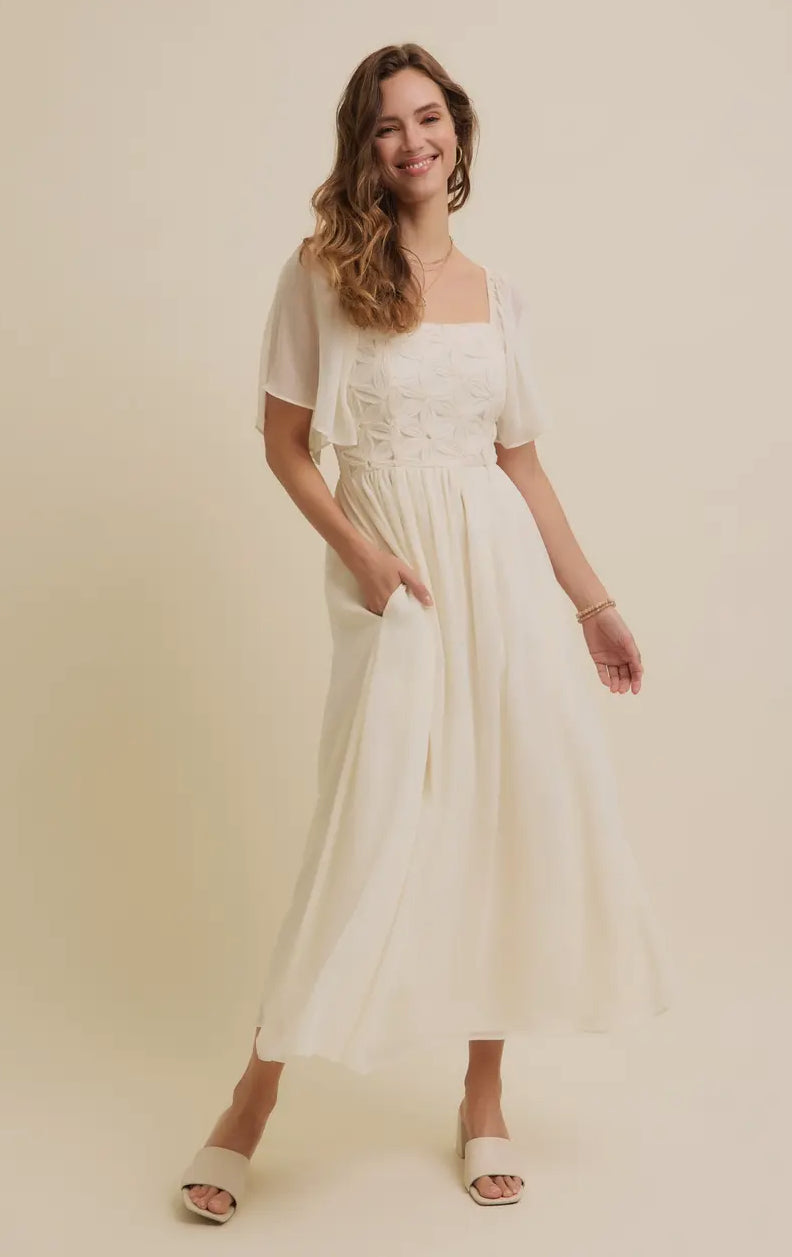 Magnolia Floral Applique Flutter Sleeved Midi Dress with Pockets